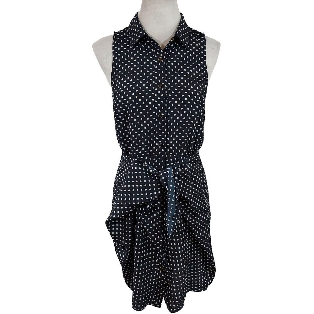 Michael Kors Women's Black White Polka Dot Tie Button Front Shirt Dress Size 2